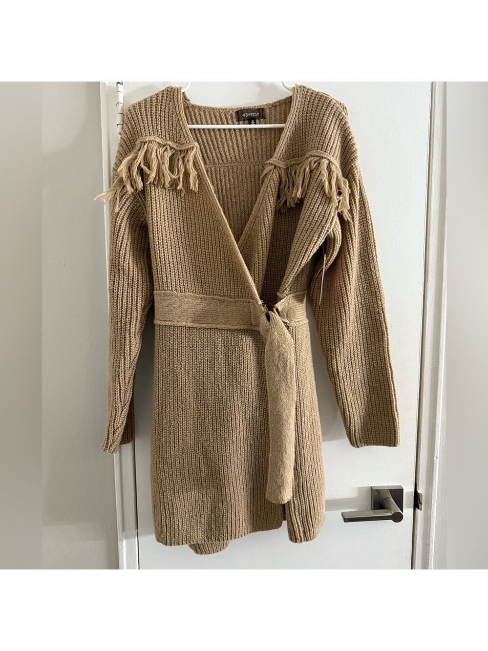 4Si3nna Estella Fringe Sweater Dress Brown Belted Sz Medium $138 NWT Western